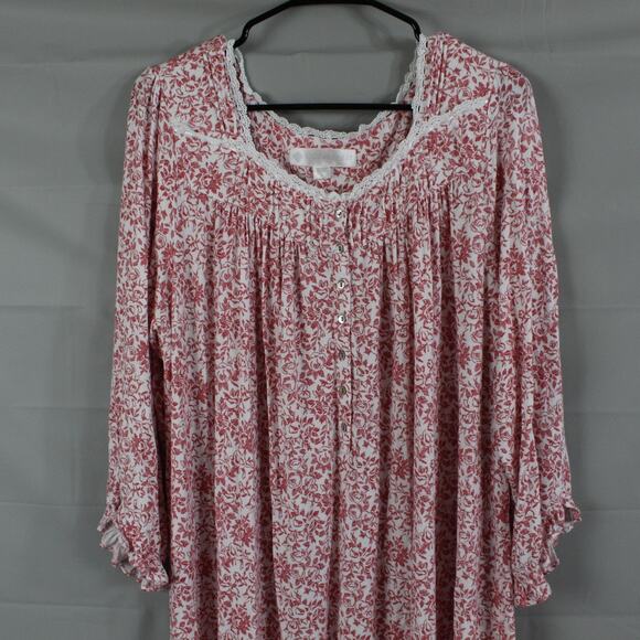 Eileen West Medium White Red Floral Lace Maxi Long Sleeve Nightgown Cottagecore - Picture 2 of 10